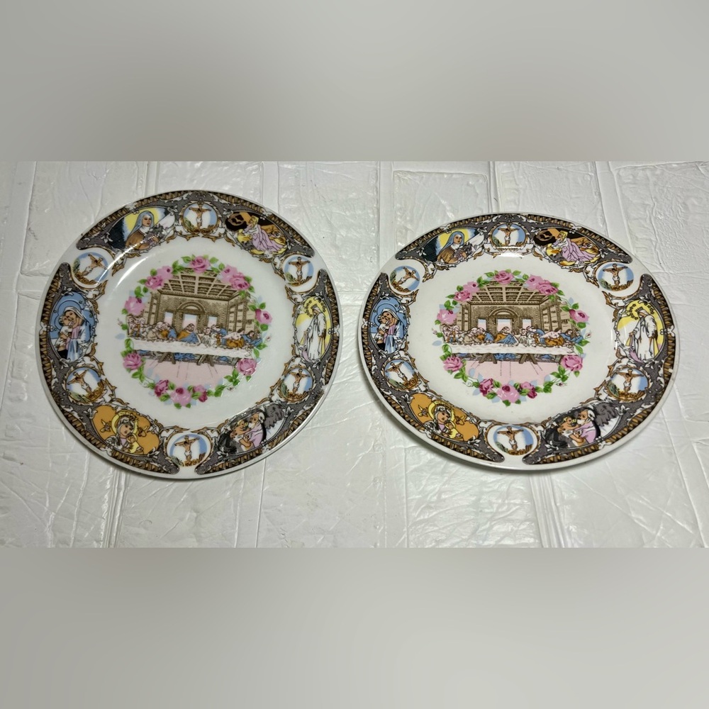 Decorative vintage saucers with Religious Last Supper Scene 2pc
